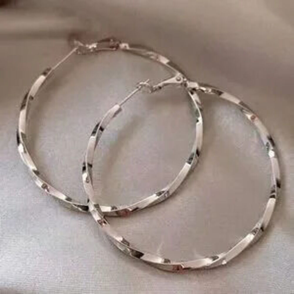 Silver Tone Large Hoop Earrings 50mm Classic Statement Hoops